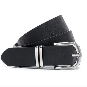 NEW Women's Skinny PU Leather Thin Waist Black Belt with Silver Buckle Size L